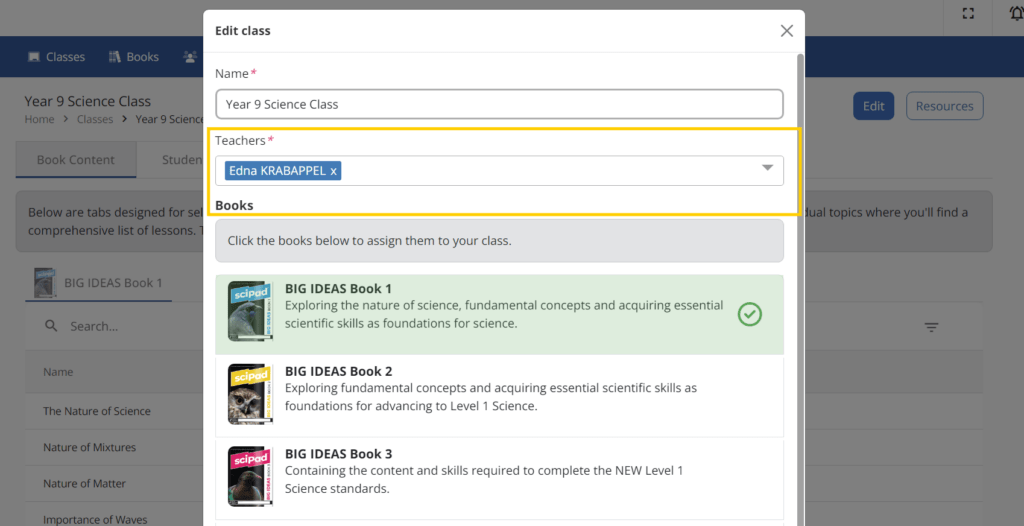 Edit class form showing multiple teacher entries