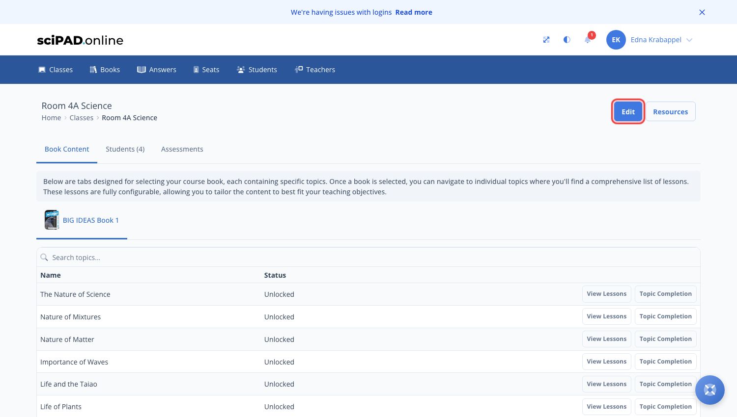 The class page with the Edit button top right