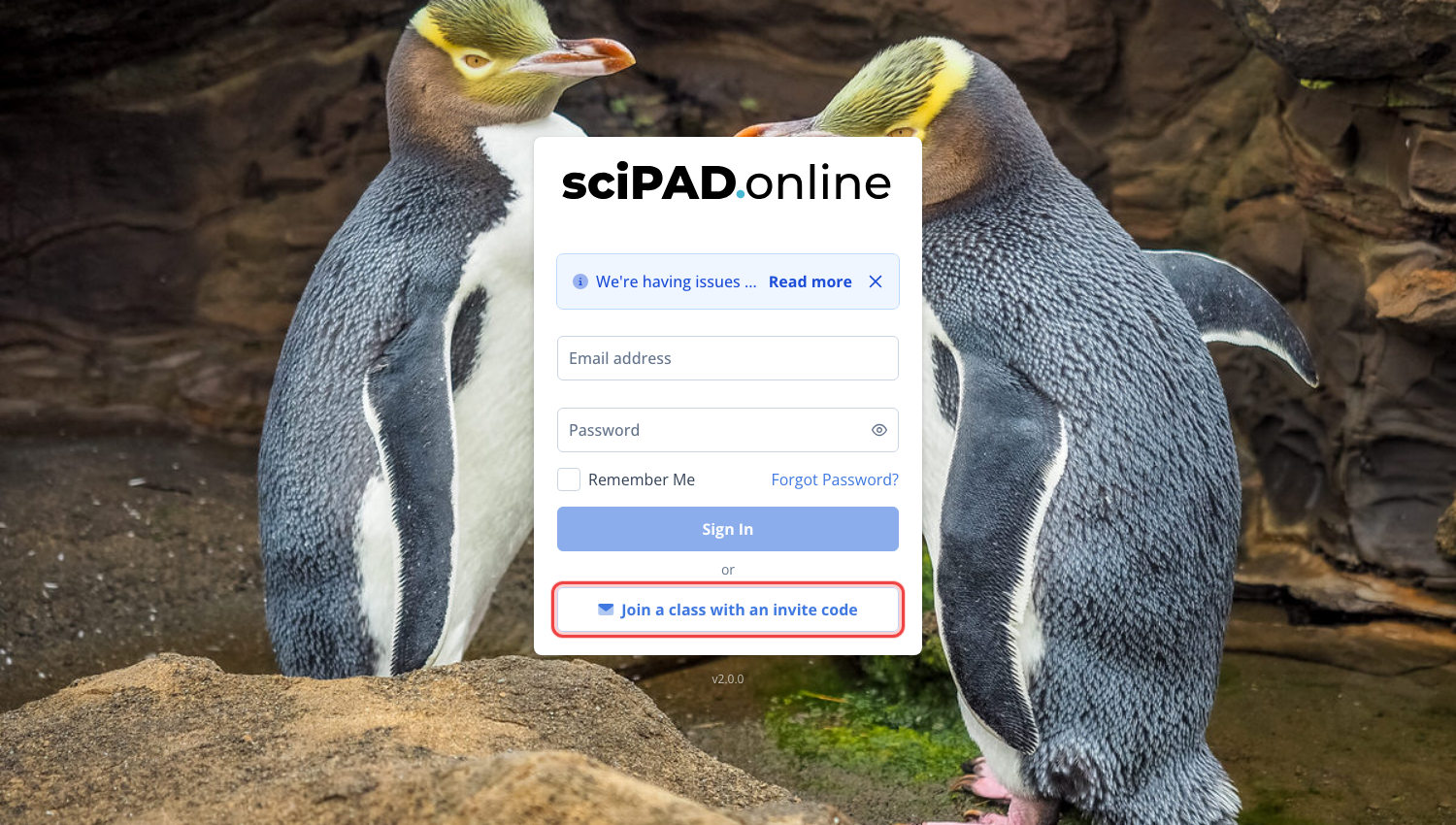 The student sign-in page with the Join a class with an invite code button highlighted