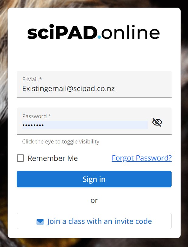 Student login screen
