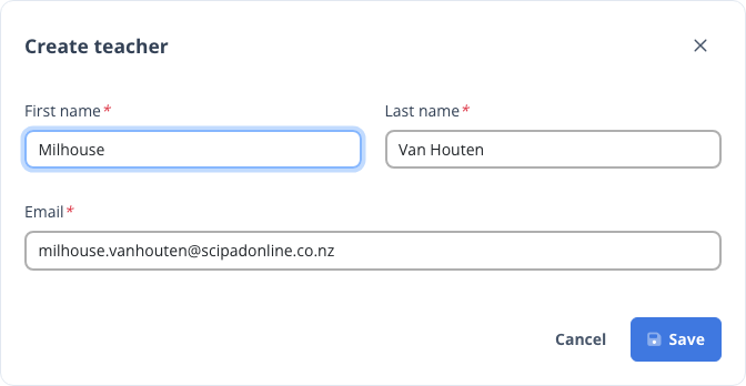 The Invite Teacher dialog with first name, last name and email fields