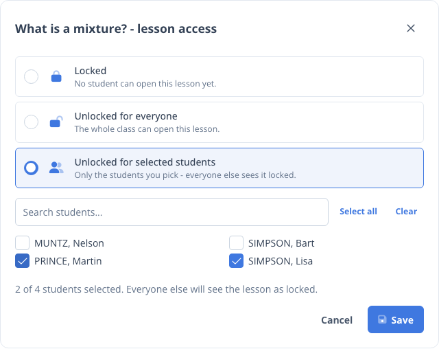 The lesson access picker with two students selected