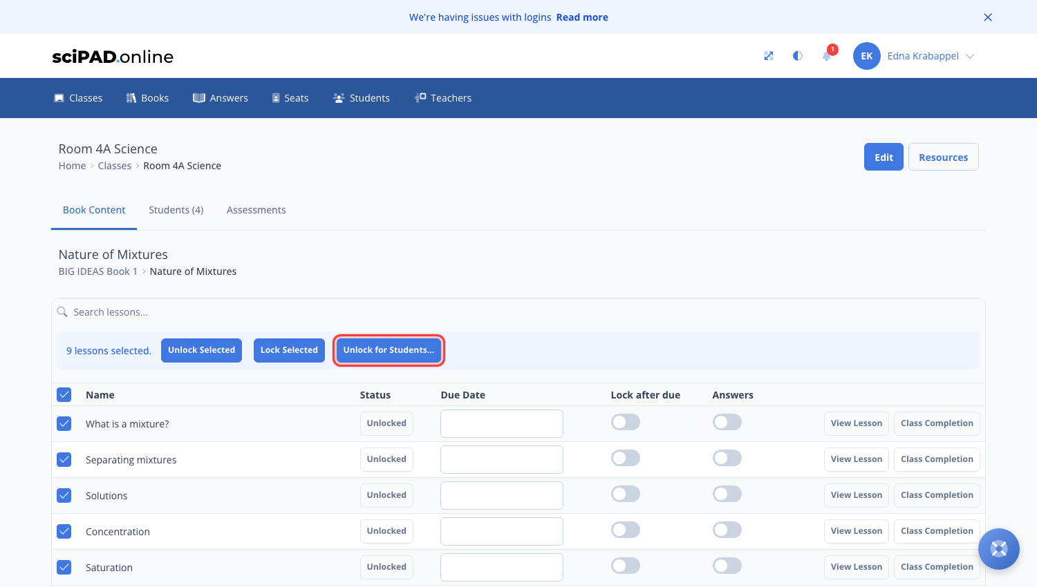 The lesson list with every lesson selected and the Unlock for Students button showing
