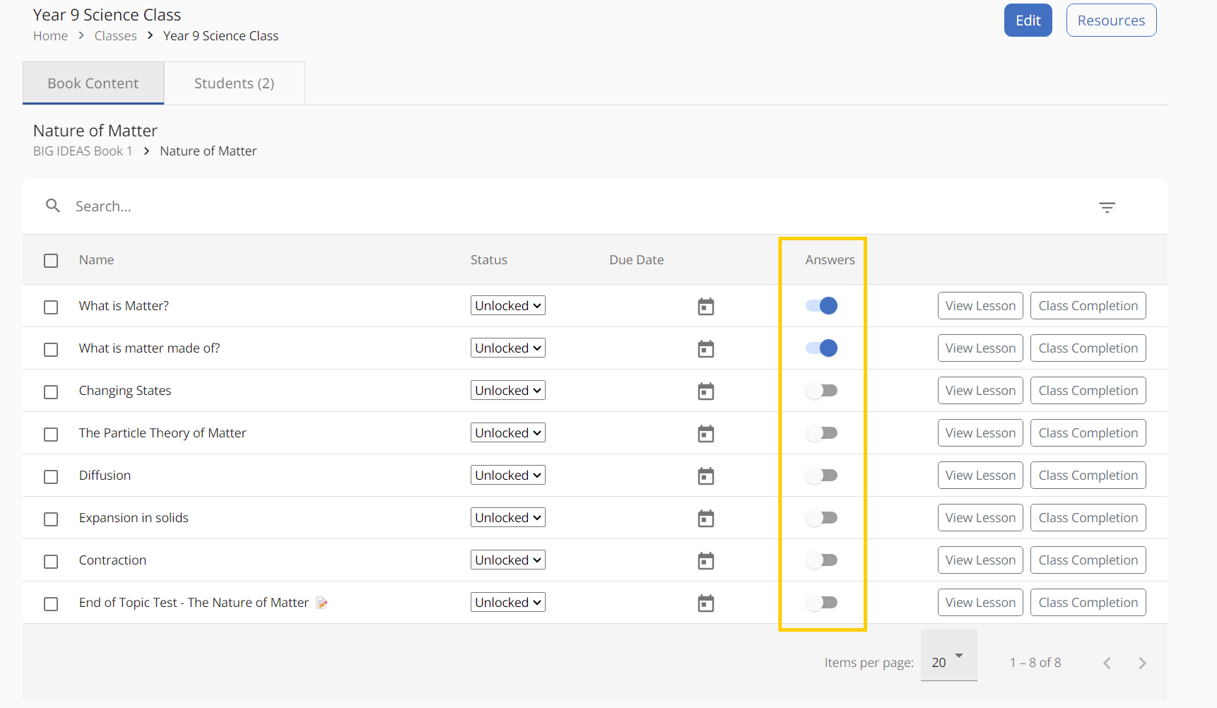 Answer visibility slider in the topic view