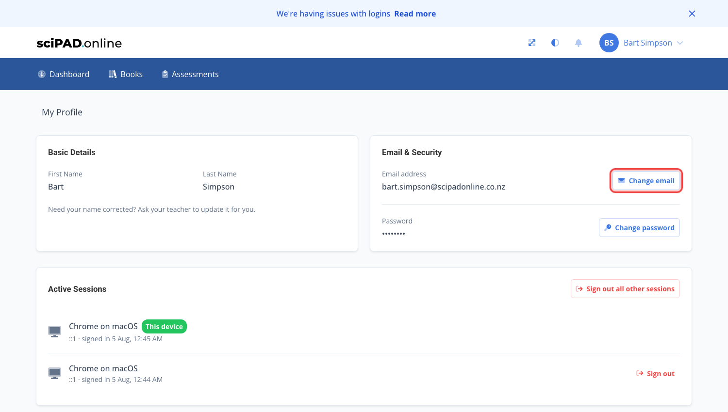 The My Profile page with the Change email button