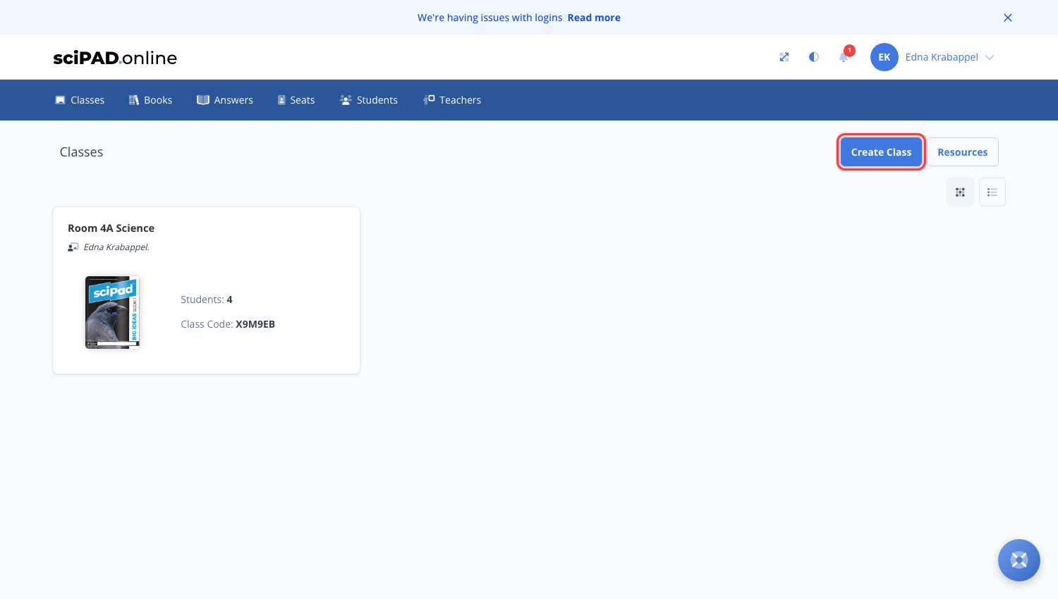 The Classes page with the Create Class button