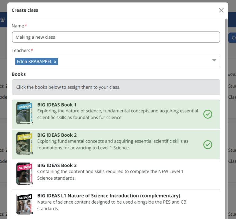 Class creation form with name and book selection