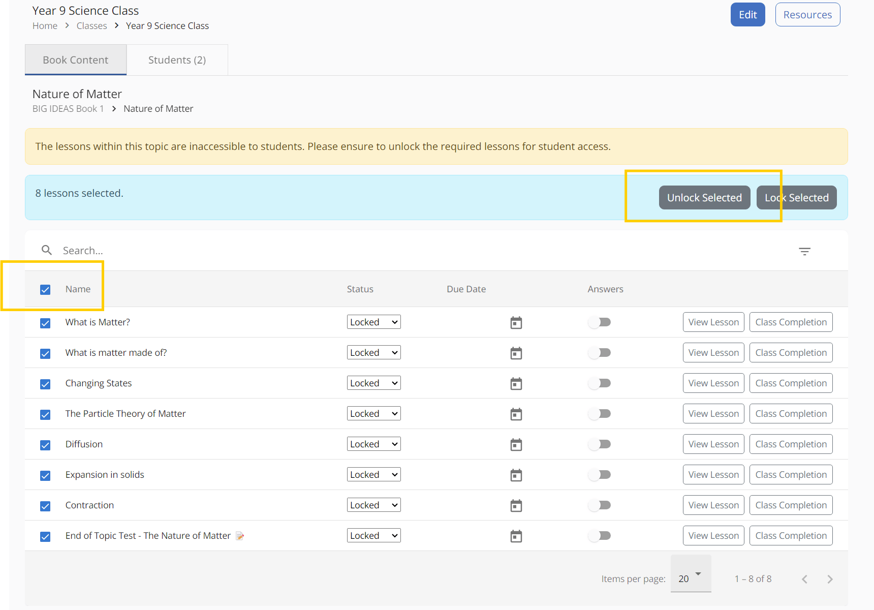 Bulk unlock button at the top of the lessons list