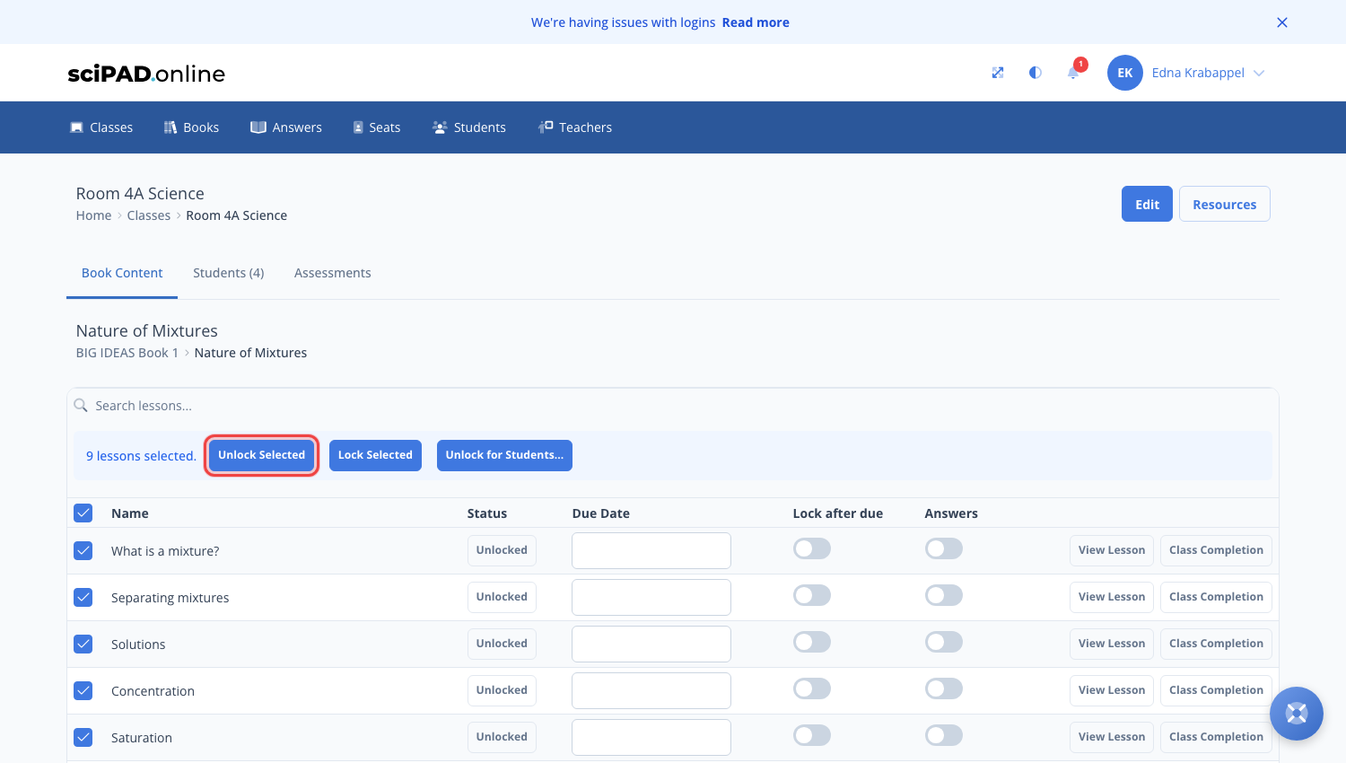 The lesson list with every lesson selected and the Unlock Selected button highlighted