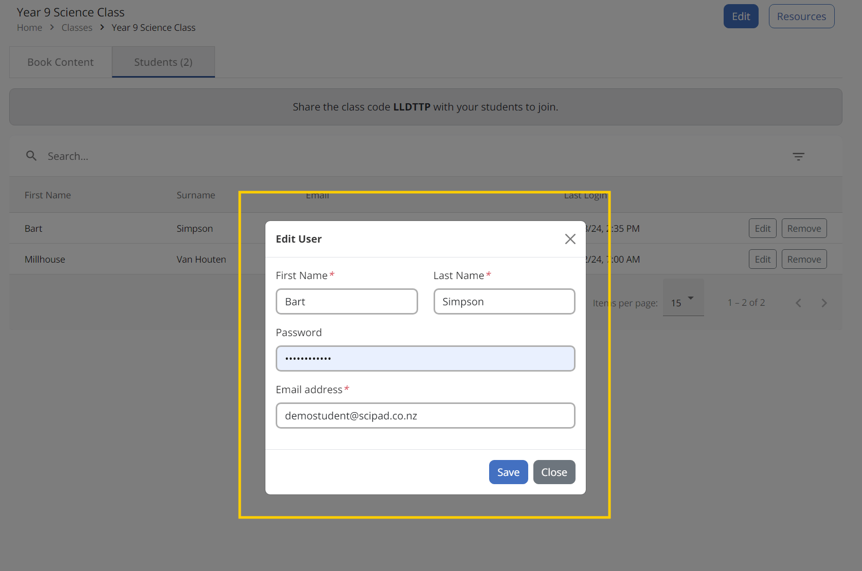 Edit student form with name, email and password fields