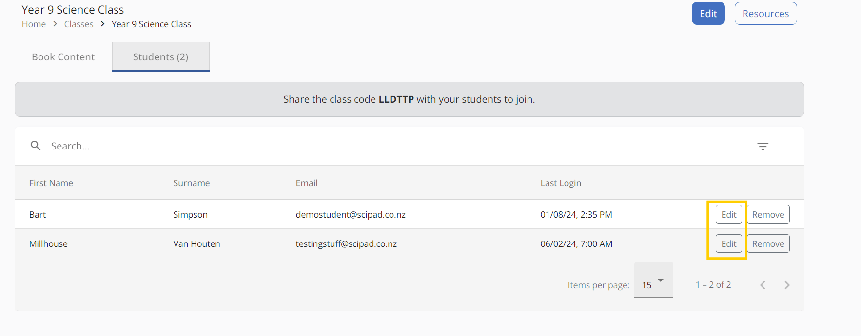 Student list with edit and delete buttons