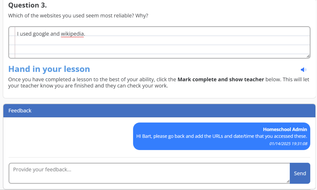 Teacher feedback panel at the base of a lesson