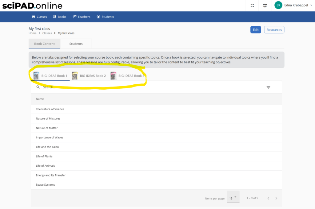 Workbook tabs at the top of the topics panel
