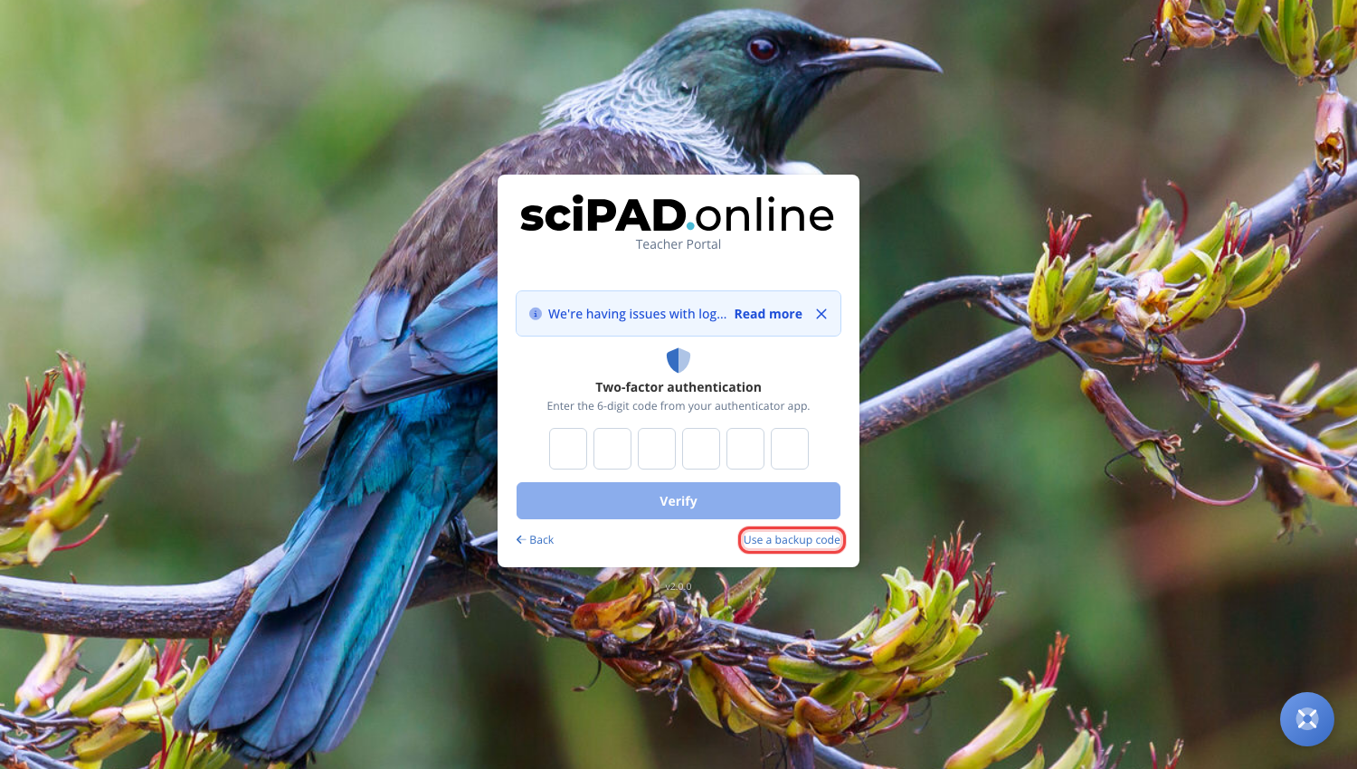 The sign-in screen asking for the 6-digit authenticator code, with the backup code option highlighted
