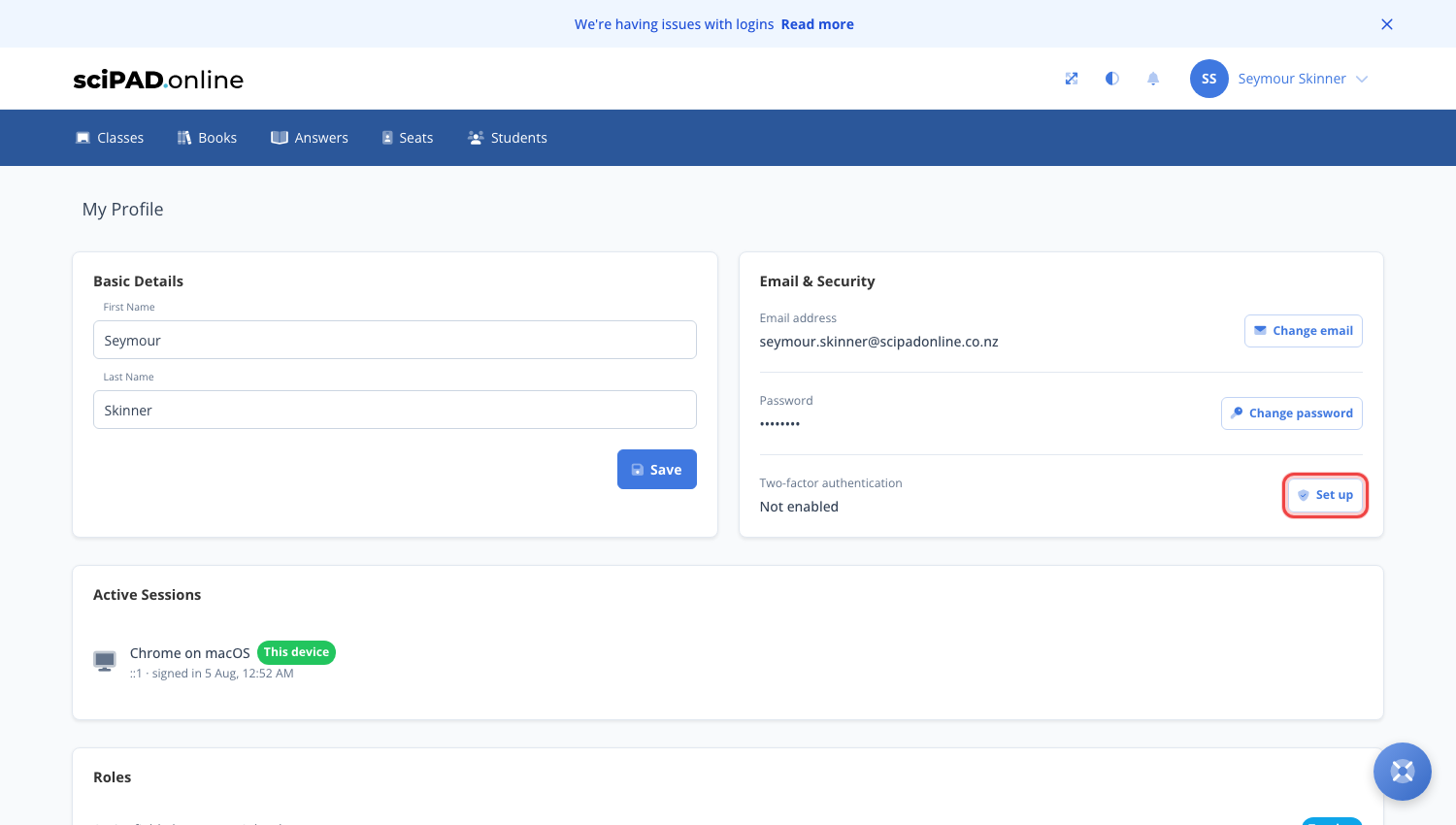 The Email & Security card on My Profile with the two-factor authentication Set up button