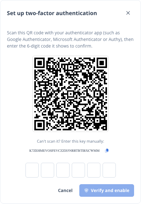 The setup dialog showing the QR code to scan with an authenticator app