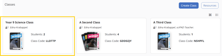 Selecting a class from the Classes tab