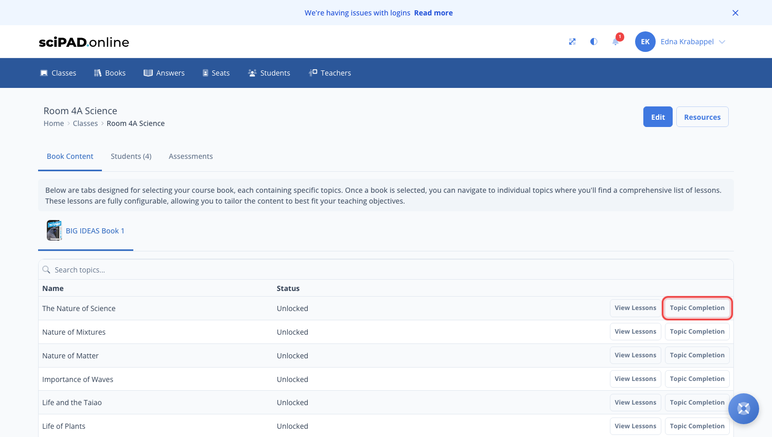 The class page with the Topic Completion button highlighted on the topic row