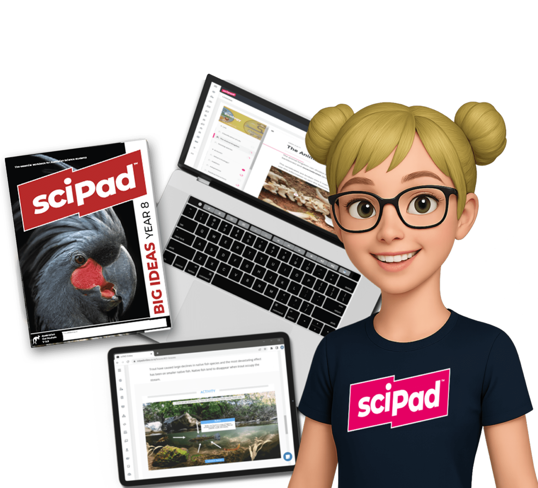sciPAD workbook with laptop and tablet